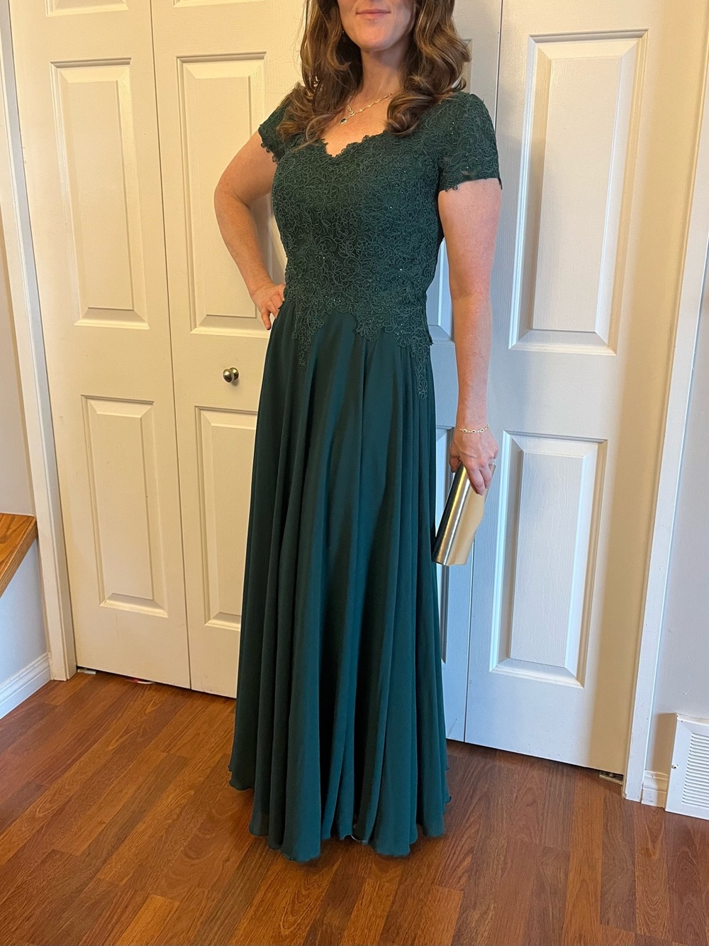 May Queen Forest Green Lace Bodice Chiffon Floor Gown